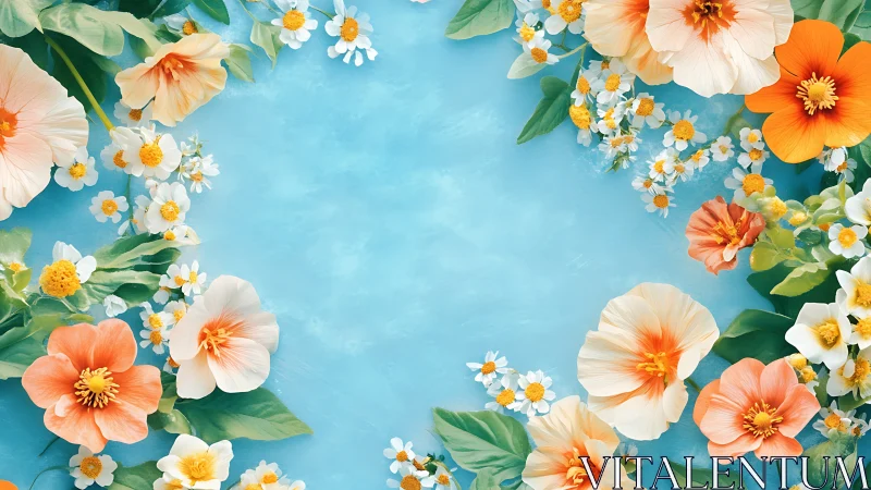 Layered Floral Composition: Cream Dahlias, Orange Blossoms on Cerulean Ground