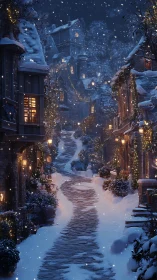 Snowy village street glows with warm winter lantern light.