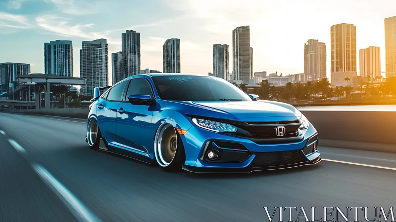 Lowered blue Honda sedan with wide stance on urban freeway at sunset