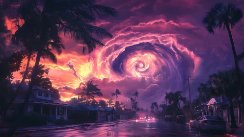 Vortex storm over coastal street in neon sunset palette.