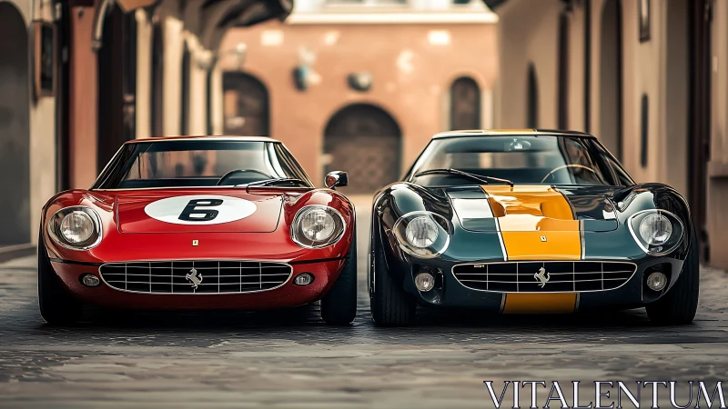 Twin classic sports cars share a quiet sunlit street moment