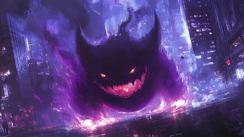 Neon spectral beast dominates rain-soaked cyber cityscape.