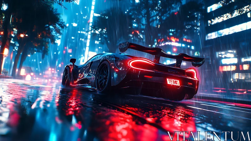 Sports car accelerates through neon city street in heavy rain