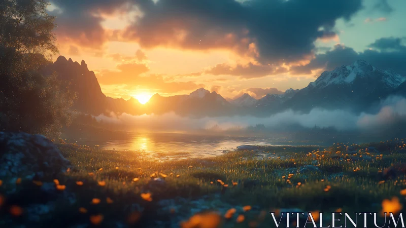 Sunrise drapes molten light across a mist-silvered valley lake