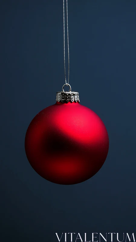 Red matte Christmas bauble suspended on dark blue background.