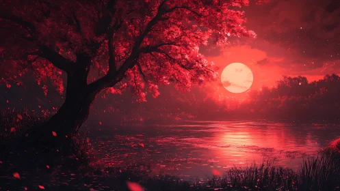 Red-toned lakeside tree stands before large luminous moon