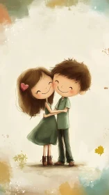 Young Couple Embracing in Watercolor Love Illustration