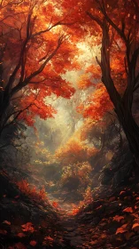 Forest canopy rendered with saturated warm tones and atmospheric light penetration.