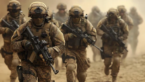 Photorealistic armored infantry squad in desert advance formation.