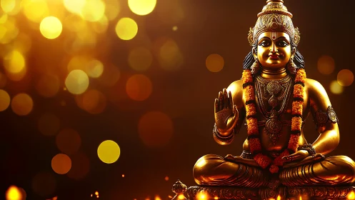 Golden Hindu deity statue with garland on glowing backdrop.