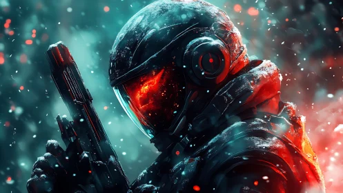 Armored sci fi soldier holds weapon in snow filled environment