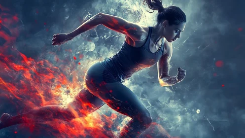 Digital painting of female sprinter in inferno-ice contrast field.