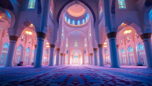 Parametric mosque interior with volumetric stained-glass radiance.
