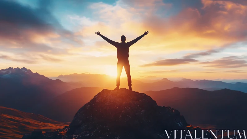 Silhouette celebrates sunrise atop mountain peak with outstretched arms