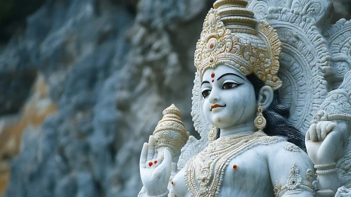 Ornate white stone deity sculpture with gold filigree crown.