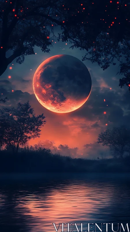 Red lunar body over riverbank at dusk in digital scene.