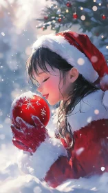 Snowlit girl in Santa coat cradling glowing red ornament.