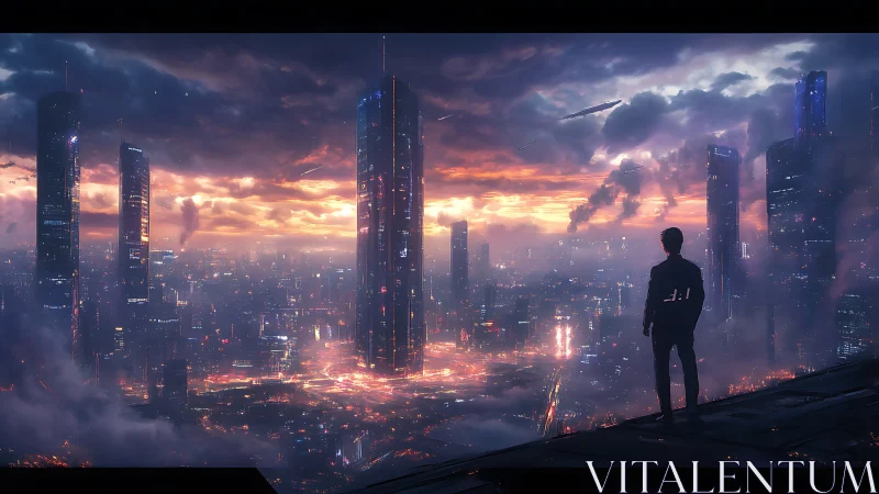 Twilight watcher above neon towers in stormlit megacity.