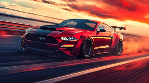 Red sports coupe moves along track under saturated sunset sky