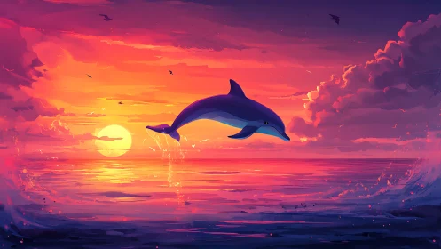 Sunset-splashed dolphin arcs through neon-tinted ocean sky