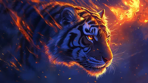 Fiery blue tiger portrait against blazing cosmic night.