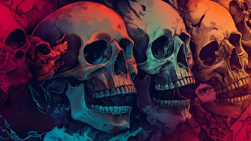 Gradient-lit skull sequence renders high-contrast morbid tableau