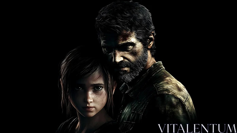 Two hardened survivors stand in stark, dramatic darkness