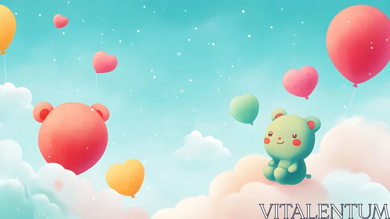Cute green teddy floats among pastel heart balloons in sky