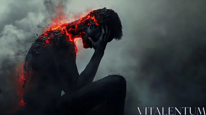 Burning silhouette quietly cradles their head in glowing ash