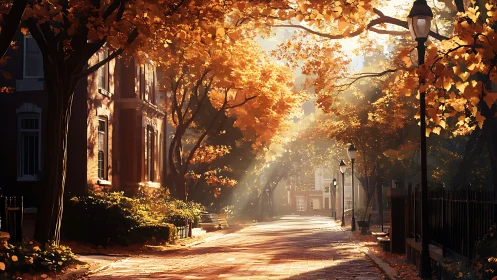 Golden autumn sunlight gently warms a quiet city street