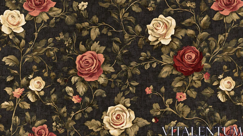 Textile-style rose lattice on dark ground with tonal aging.