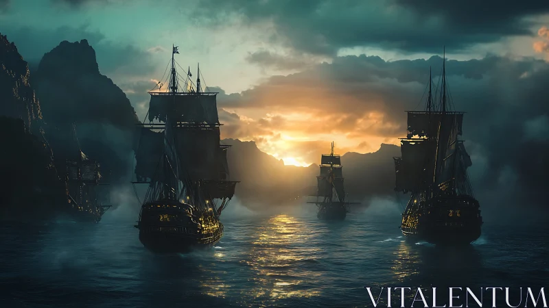 Golden-hour tall ships gliding through misty sea cliffs.