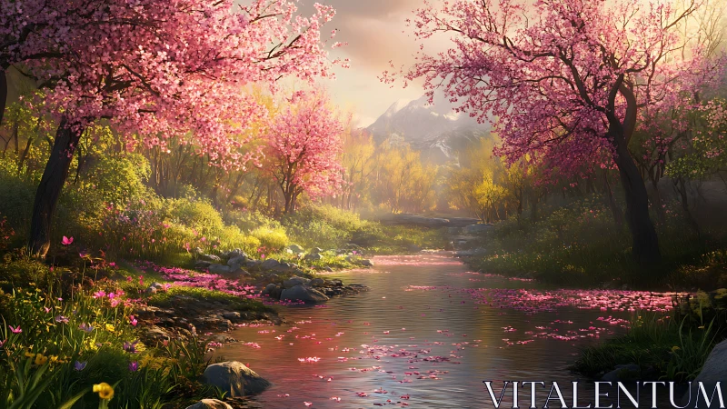Spring river glows beneath pink cherry blossom canopy.