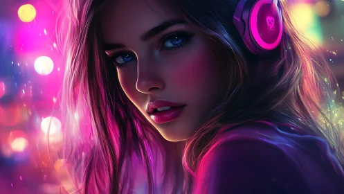 Digital portrait depicts woman with headphones in neon light