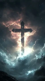 Storm-torn heavens unveil a colossal radiant stone cross.