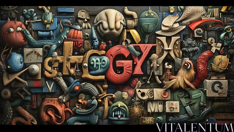 Surreal alphabet collage with sculpted creatures and forms.