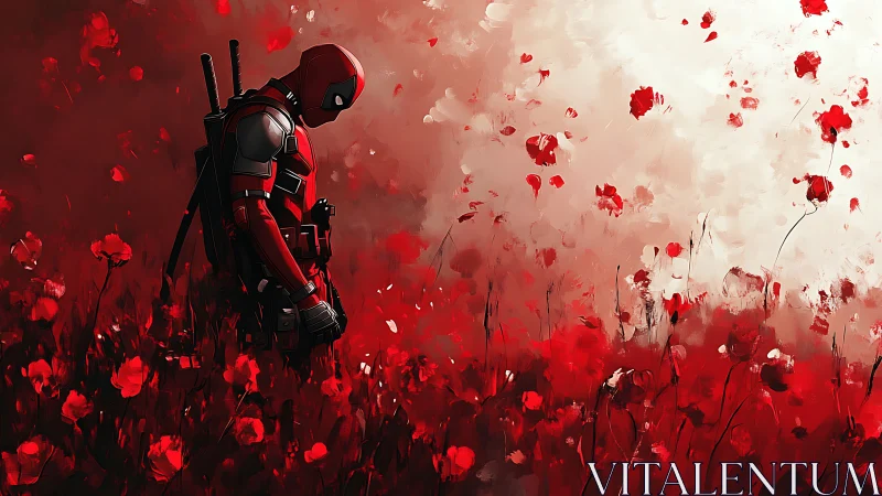 Solitary red-armored vigilante stands in abstract poppy field