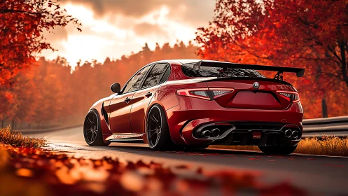 Crimson sports sedan on autumn forest track at sunset.