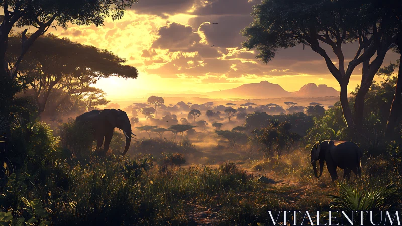 Golden hour savanna landscape with elephants and acacia canopy