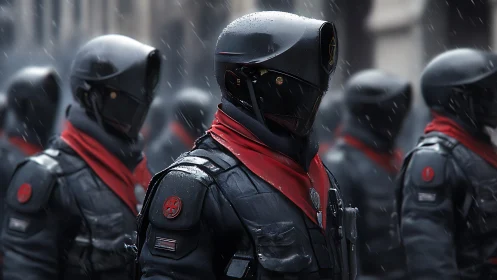 Armored futuristic troopers stand in formation under cold rain