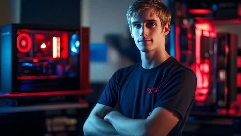 Photorealistic gamer portrait in RGB-lit esports studio.