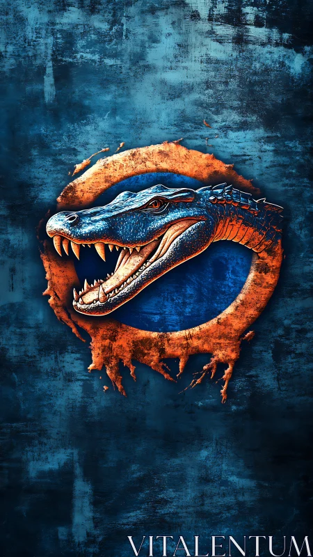 Ferocious blue reptile head bursts through torn orange ring