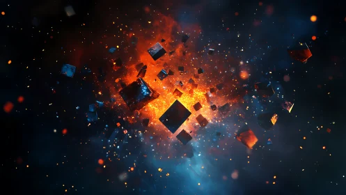 Geometric fragments dispersing from central luminous core.