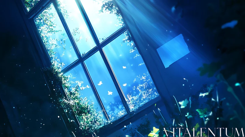 Gentle sunlight pours through a quiet ivy framed window