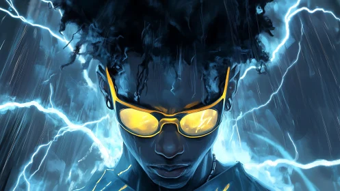 Electrified portrait of neon-lit youth amid storm currents