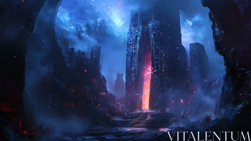 Stormlit obsidian gate ignites a cosmic abyss of ruins.