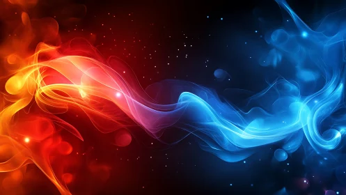 Red and blue luminous energy flows colliding across dark space