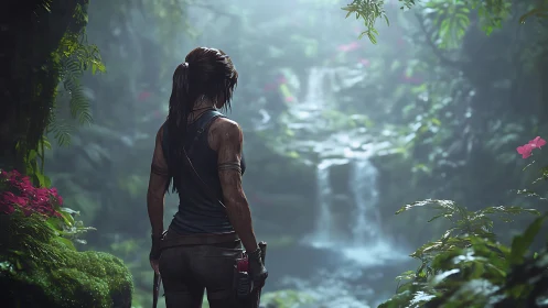 Rain-soaked jungle huntress pauses at mist-veiled waterfall.