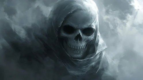 Atmospheric spectral skull entity in volumetric grey fog field.