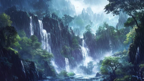 Storm-kissed jungle waterfalls in a misty emerald gorge.
